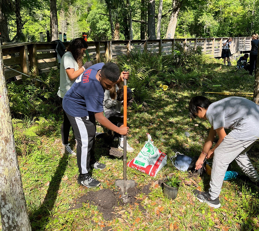 Boy walking a wheelbarrow in the woods